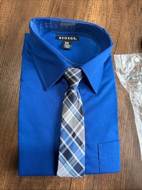 George Men's Bright Blue Dress Shirt with Plaid Tie CAJA # 2 A